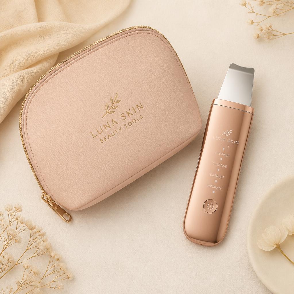 Necessaire em couro sintético + espátula facial rose gold — brindes do Kit 6 Unidades